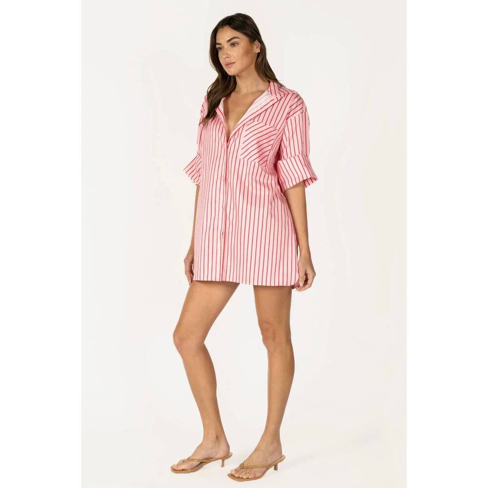 NEW REMINISCENCE oversized mni shirtdress in pink stripe